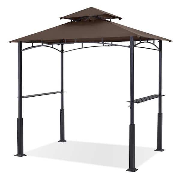 5 ft. x 8 ft. Brown Outdoor Patio Grill Gazebo with Powder Coated Steel Frames and LED Light