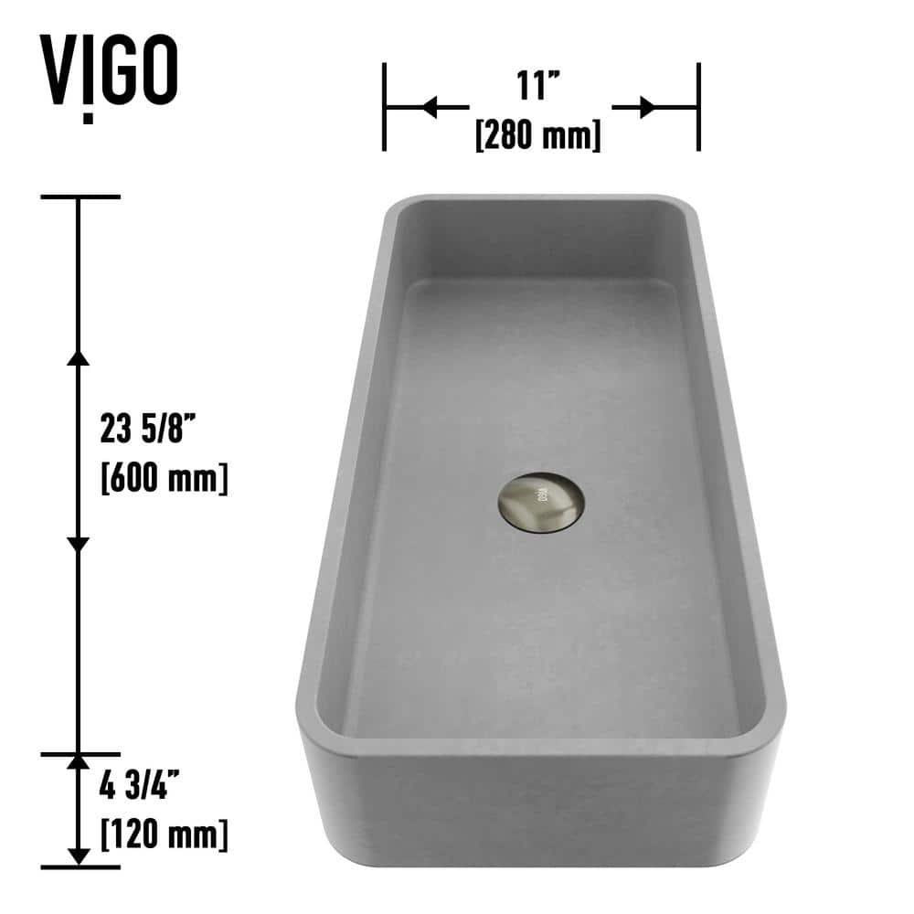 ConcretoStone Rectangular Vessel Bathroom Sink 24" in Gray with Modern Faucet