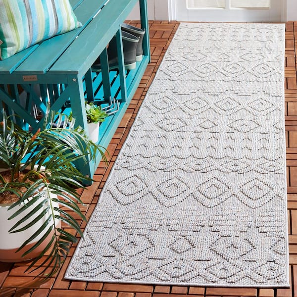 Global Gray/Ivory 2 ft. x 8 ft. Ornate Diamond Indoor/Outdoor Runner Rug
