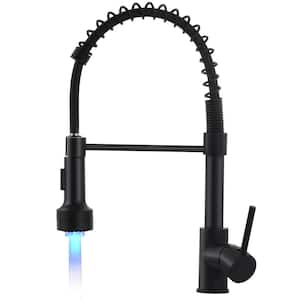 Single Handle Pull Down Sprayer Kitchen Faucet with LED Light, Single Hole Kitchen Sink Faucet in Matte Black