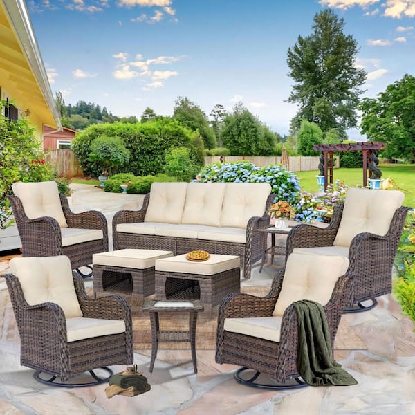 kuurfuurdo Brown 9-Piece Wicker Patio Furniture Set Outdoor Rattan Sofa Swivel Rocking Chairs with Beige Cushions and Ottomans