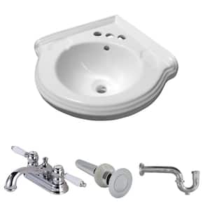 Portsmouth 22 in. Corner Wall Mounted Bathroom Sink Combo in White with Overflow P-Trap Faucet and Drain