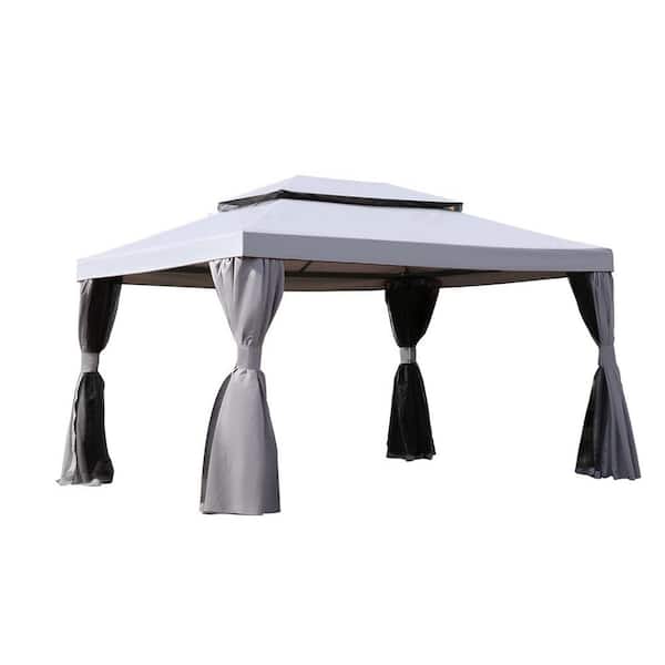 Unbranded 10 ft. x 13 ft. Gray Outdoor Patio Gazebo Canopy with Polyester Roof & Mesh Curtains