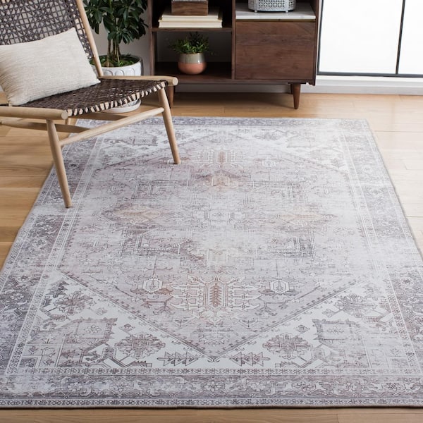 Tuscon Beige/Gray 6 ft. x 6 ft. Machine Washable Border Distressed Square Area Rug