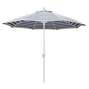 9 ft. Aluminum Market Push Tilt - Matte White Patio Umbrella in Navy White Cabana Stripe Olefin