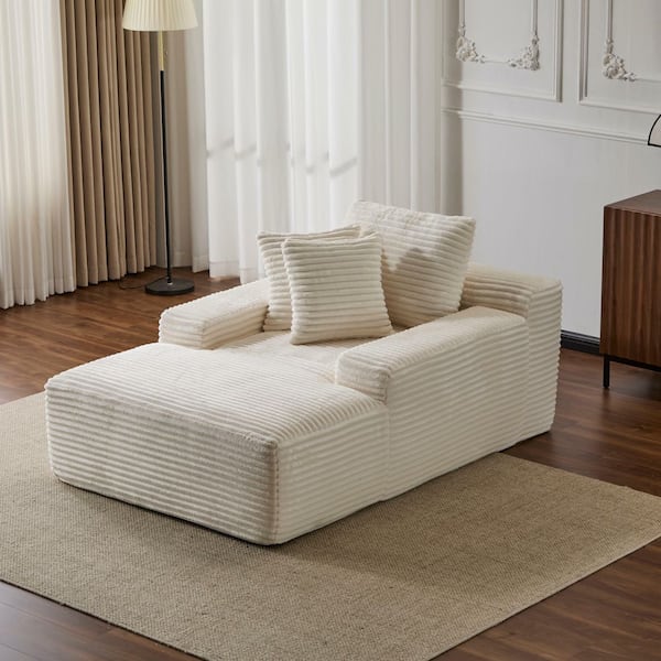 Modern White Corduroy Polyester Upholstery Oversized Chaise Lounge Chair Full Foam Comfy Lazy Sofa Couch with 3 Pillows