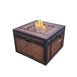 Pores 19.7 in. Outdoor Square Cast Iron and Magnesium Oxide Gas Fire Pit with Rain Cover and Volcanic Stone