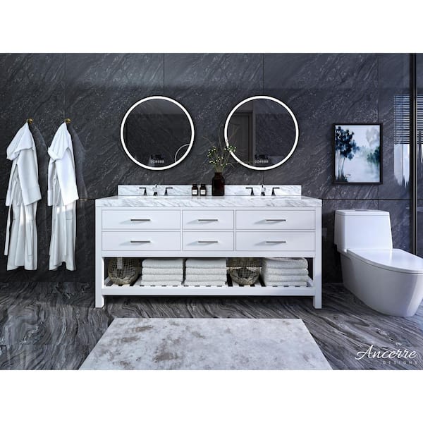 Ancerre Designs Elizabeth 72 in. W x 22 in. D Vanity in White with Marble Vanity Top in Carrera White with White Basins