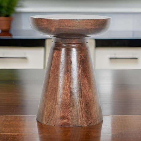 Benjara 14 in. Brown Round Wood Top Accent End Table with Cone Base