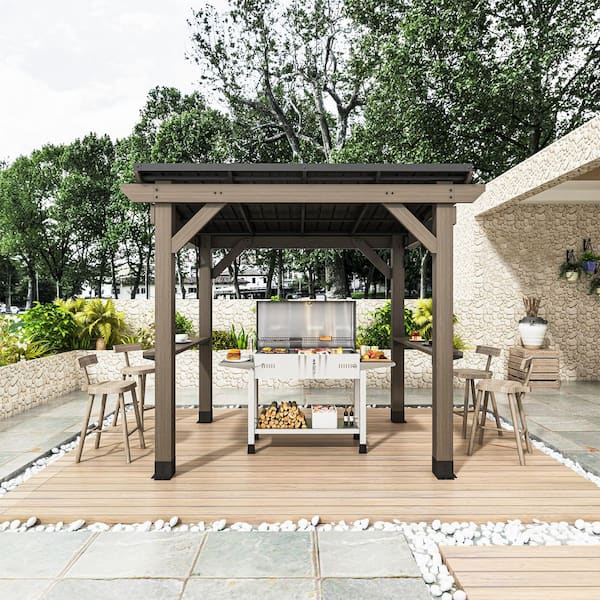 8 ft. x 6 ft. Cedar Wood BBQ Gazebo with Dual Bar Counters and Galvanized Steel Roof, All-Weather Outdoor Shelter