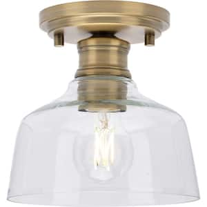 Singleton 7.62 in. 1-Light Vintage Brass Small Semi-Flush Mount Light with Clear Glass Shade