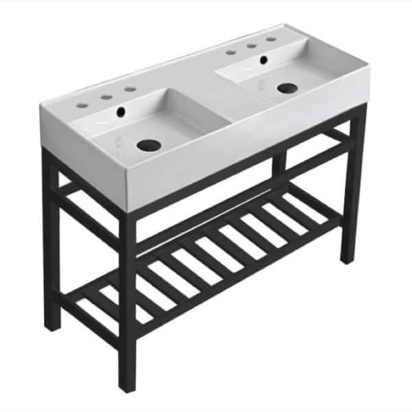 Nameeks Teorema 2-Ceramic White Console Double Sink and Leg Combo in Matte Black