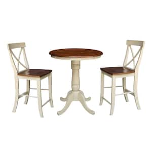 Almond and Espresso Solid Wood 30 in Round Gathering Table and 2-X-Back Counter Height Stools (3-Piece Set)
