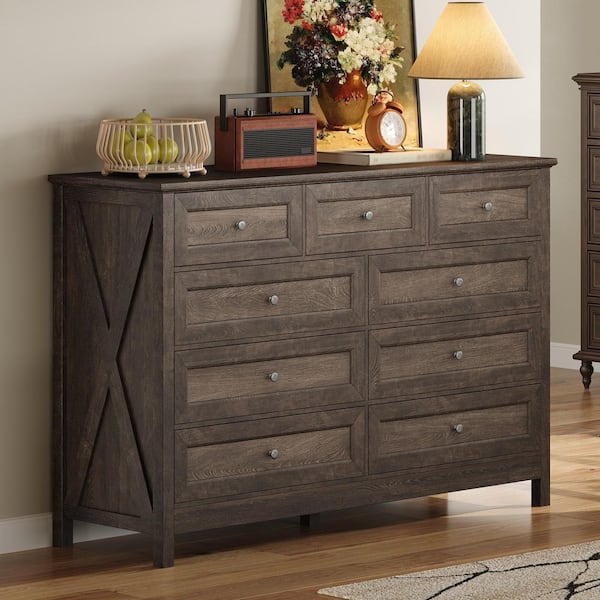 Brown 55.04 in. W Makeup Vanity with 9 Drawers and Silver Handle, Storage Dresser with Wood Rustic Desktop(No Mirror)