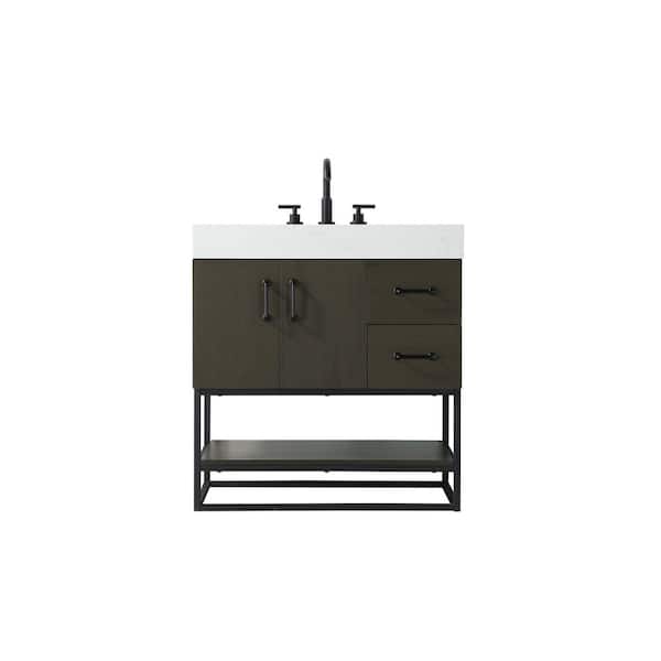 32 in. Single Sink Mocha Brown Bath Vanity with White Engineered Marble Top