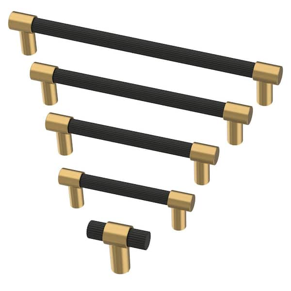 Fluted 3 in. (76 mm) Modern Matte Black and Modern Gold Cabinet Drawer Bar Pull