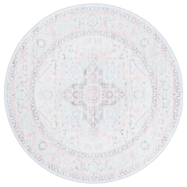 SAFAVIEH Arizona Light Gray/Light Green 6 ft. x 6 ft. Distressed Border Ornate Machine Washable Round Area Rug
