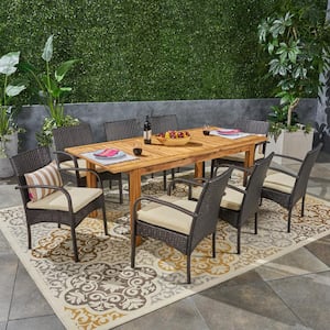 Elmar Multi-Brown 9-Piece Wood and Faux Rattan Outdoor Dining Set with Creme Cushions