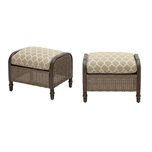 Windsor Brown Wicker Outdoor Patio Ottoman with CushionGuard Toffee Trellis Tan Cushions (2-Pack)