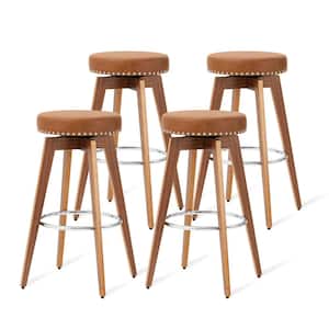 31.25 in. H Brown Swivel Metal Wood Legs with Veneer Walnut Finish Leatherette Seat and Composite Bar Stool (Set of 4)