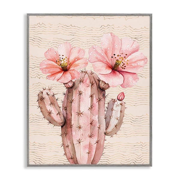Pastel Cactus with Blooms by Lettered and Lined Gray Framed Nature Giclee Art Print 14 in. x 11 in.