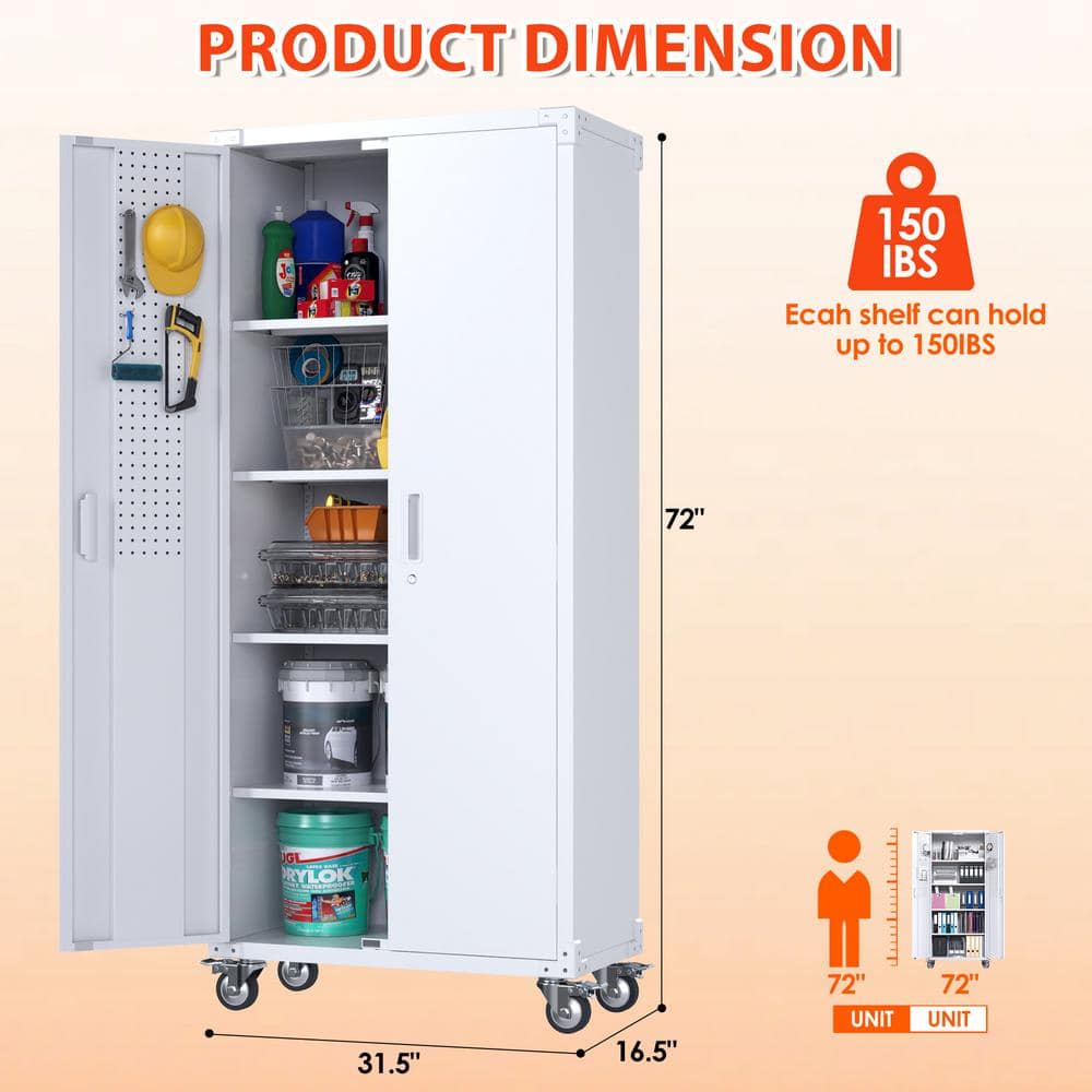 72-Inch White Metal Freestanding Lockable Office Cabinet with Adjustable Shelving