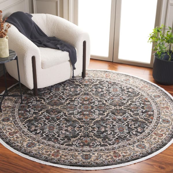 Artifact 7 ft. x 7 ft. Round Charcoal/Gray Border Floral Ornate Area Rug