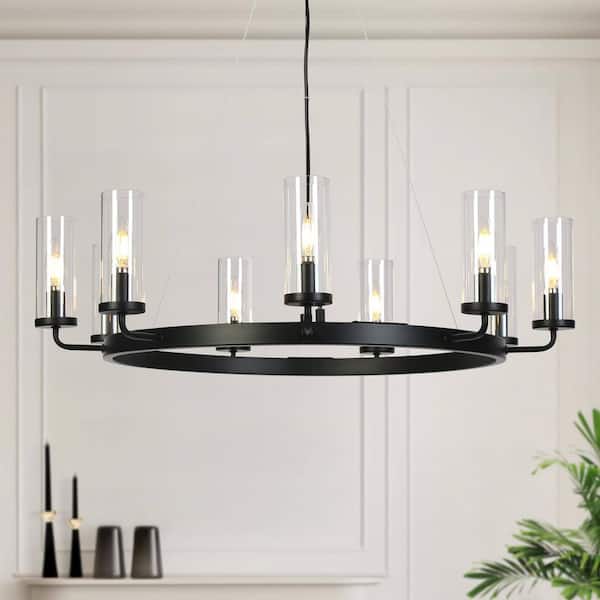 LNC Modern Black 31 in. 9-Light Wagon Wheel Chandelier Round Island Candlestick Chandelier with Cylinder Clear Glass Shades