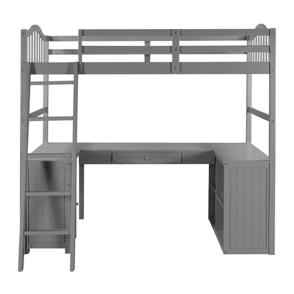 HomeRoots Amelia Gray Twin Loft Bed with Ladder and Drawers