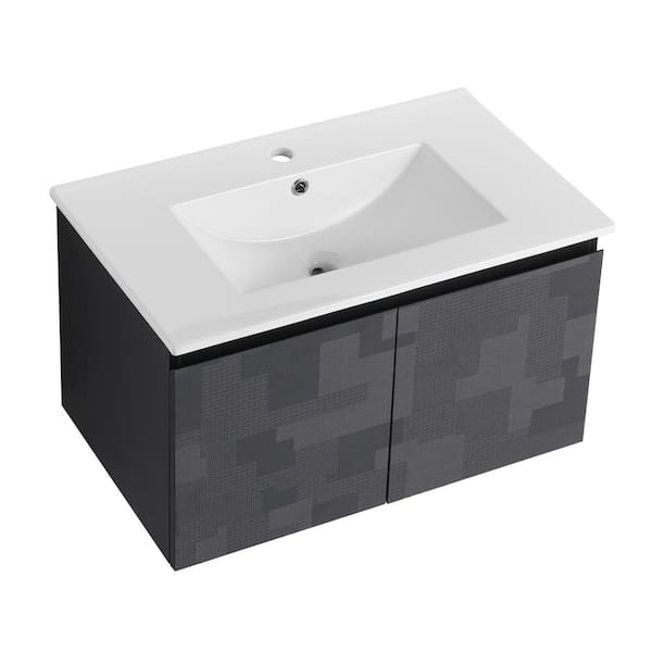 Yunus 30 in. W Single Sink Floating Bath Vanity in Black with White Ceramic Top