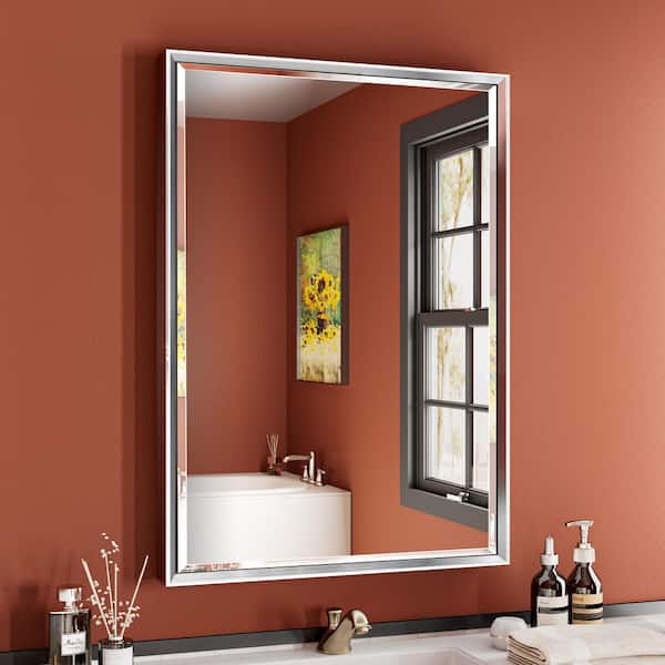 22 in. W x 30 in. H Aluminum Beveled Edge Rectangular Framed Bathroom Vanity Wall Mount Mirror in Brushed Silver