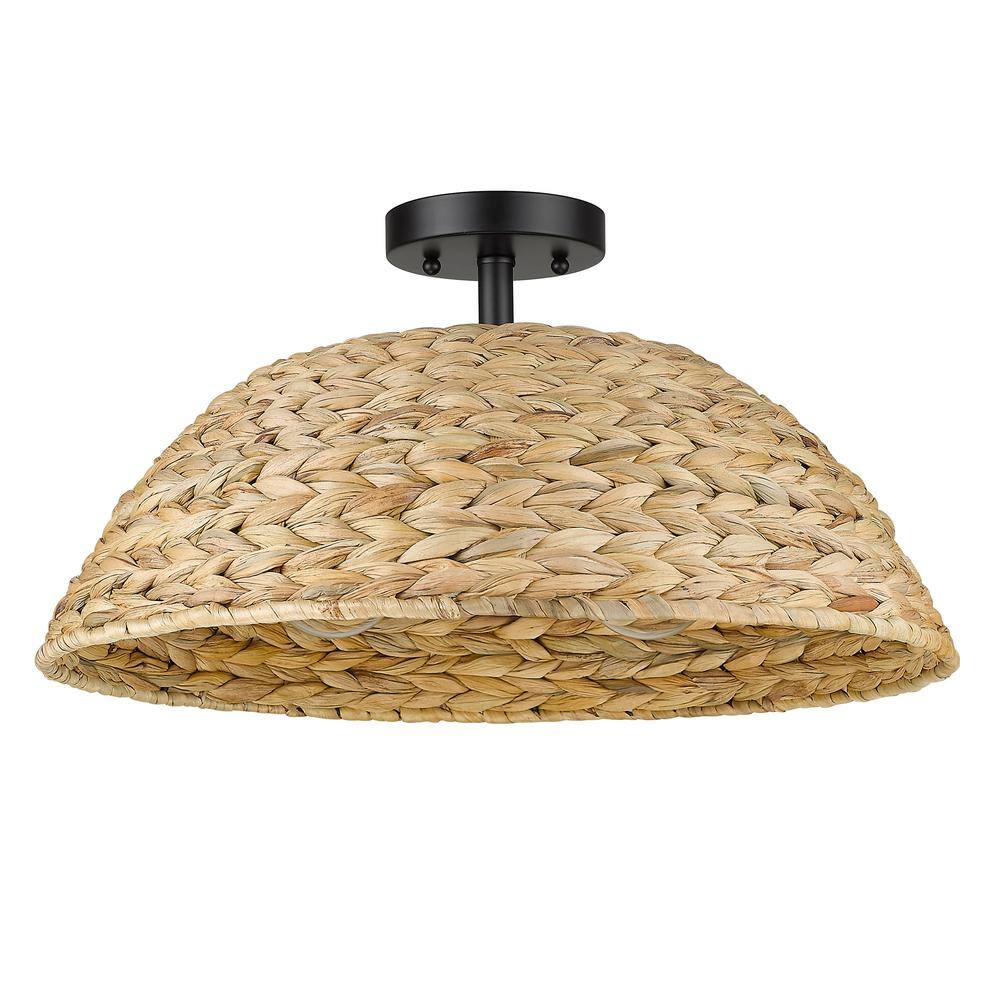 Matte Black and Woven Sweet Grass Semi-Flush Mount Light