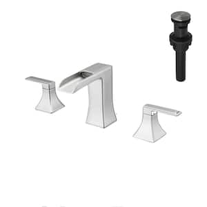 Modern 8 in. Widespread Double Handle Brass Bathroom Faucet with Pop Up Drain and Water Supply Hoses in Brushed Nickel
