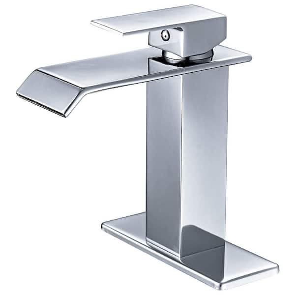 Single Handle Single Hole Bathroom Faucet with Deckplate Included and Spot Resistant with drain in Polished Chrome