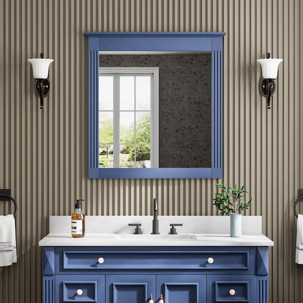 32 in. W x 33 in. H Rectangular Solid Wood Framed Wall Mounted Waterproof Bathroom Vanity Mirror in Navy Blue,Easy Hang