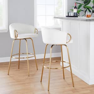 Claire 30 in. Cream Velvet and Gold Metal Fixed-Height Bar Stool with Round Footrest (Set of 2)