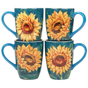 Golden Sunflowers 20 oz. Mulit-Colored Earthenware Beverage Mugs (Set of 4)