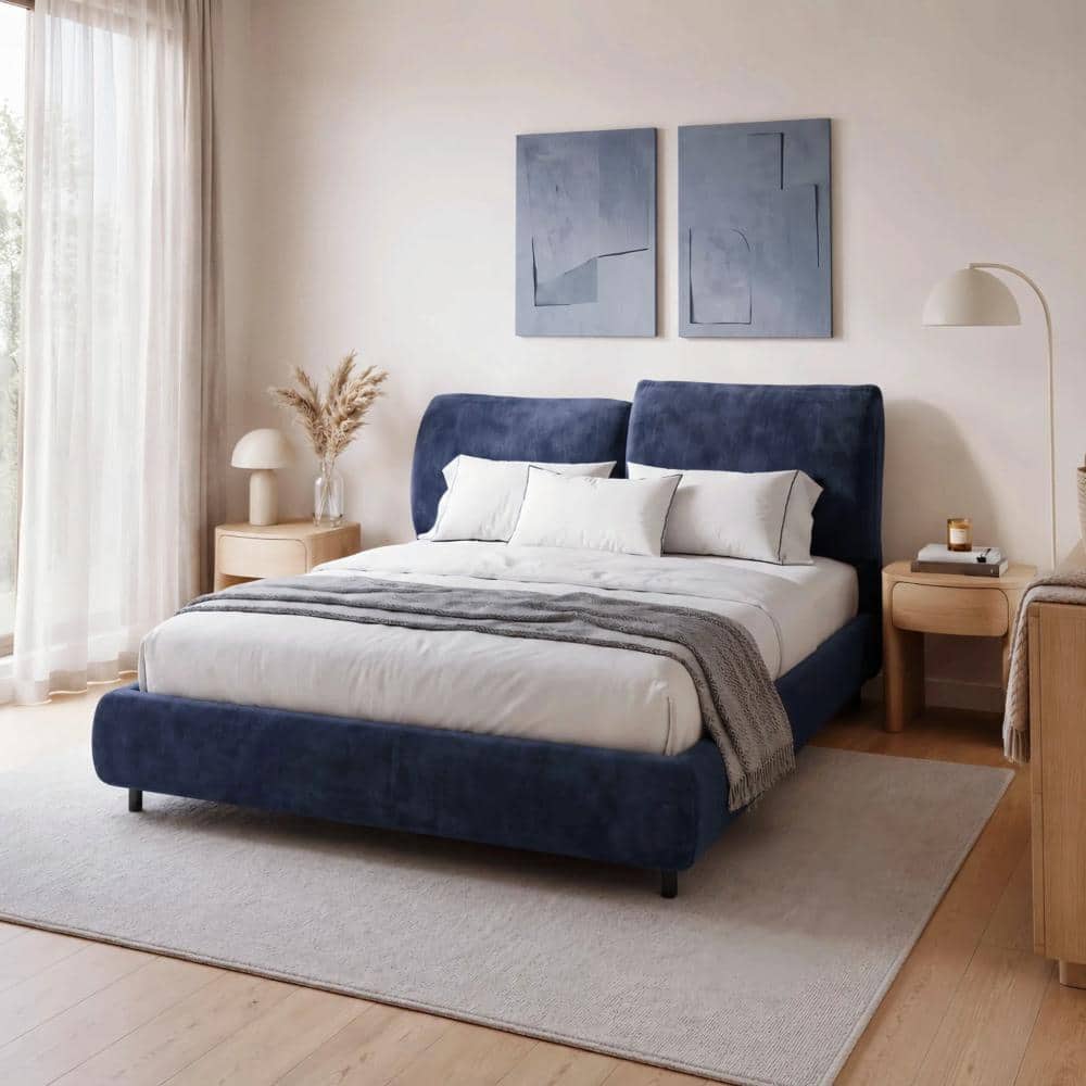 Dark Blue Fabric Upholstered Frame Queen Size Platform Bed with 2 Adjustable Cushions price history on PriceWatchPro