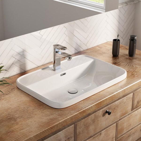 Semi Recessed Bathroom Sink 24 in. x 17 in. White Rectangular Drop In Sink with Single Faucet Hole and Chrome Overflow
