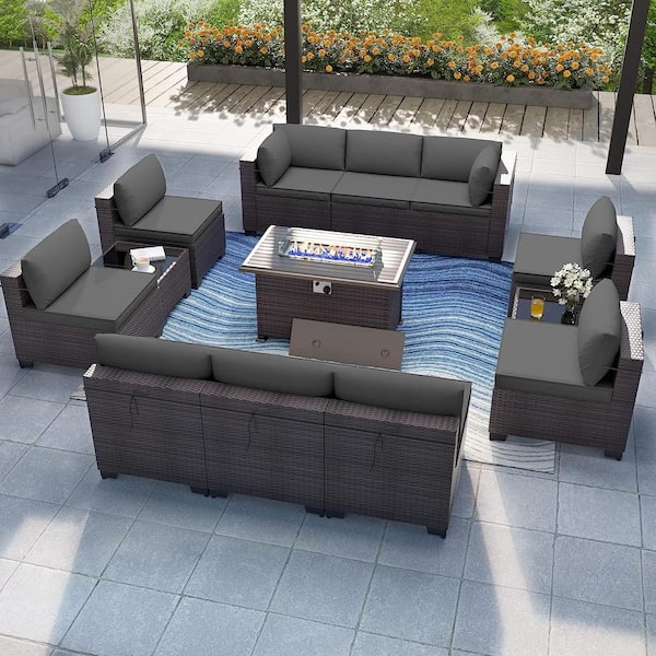 Halmuz 13-Piece Wicker Patio Conversation Set with 55000 BTU Gas Fire Pit Table and Glass Coffee Table and Grey Cushions