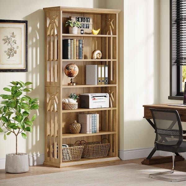 Frailey 75 in. Tall Oak Wood 6-Shelf Standard Bookcase with Interior Shelves, Storage for Living Room Home & Office