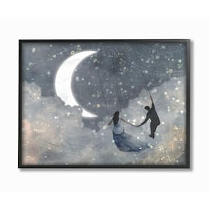 11 in. x 14 in. "Grey and Blue Celestial Love Sky Swinging Crescent Moon" by Artist Victoria Borges Framed Wall Art