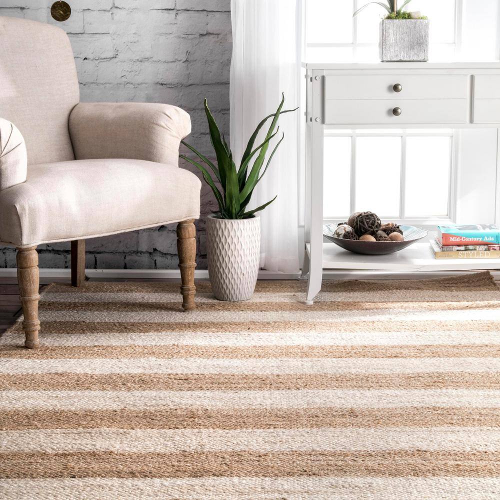 Bleached Denim Handmade Jute & Cotton 5' x 8' Striped Area Rug