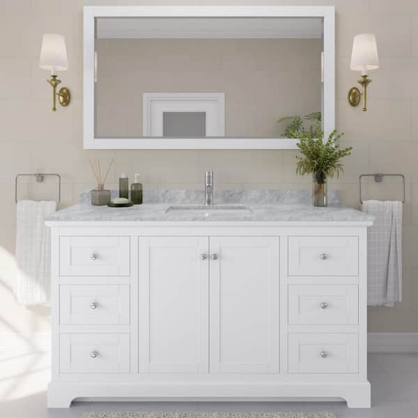 Wyndham Collection Avery 60 in. W x 22 in. D Bathroom Vanity in White with Marble Vanity Top in White Carrara with White Basin