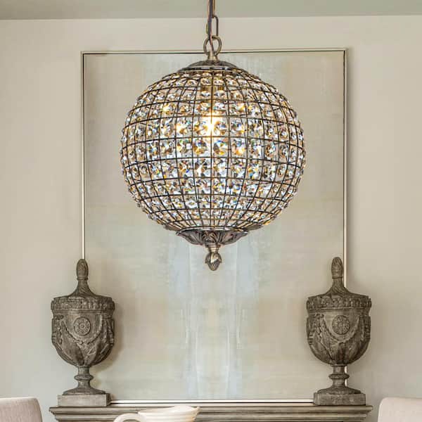 12 in. 1-Light Retro Antique Gold Crystal Globe Chandelier Small Sphere Pendant Light