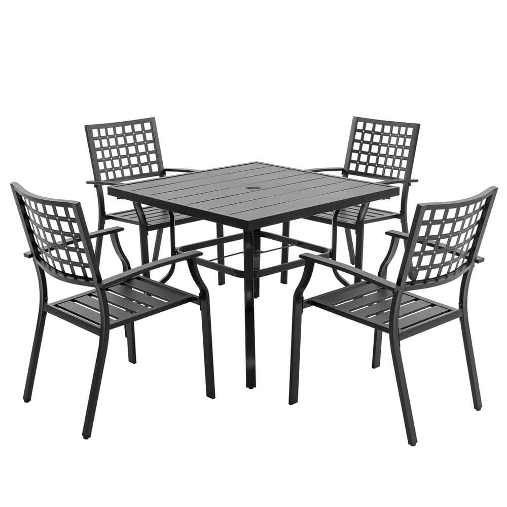 Black Iron 5-Piece Square Outdoor Dining Set with Umbrella Hole