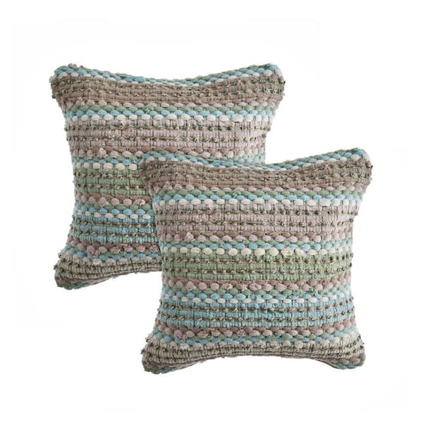 Unbranded Conner Green/Blue Striped Chindi Cotton Blend 18 in. x 18 in. Indoor Throw Pillow (Set of 2)