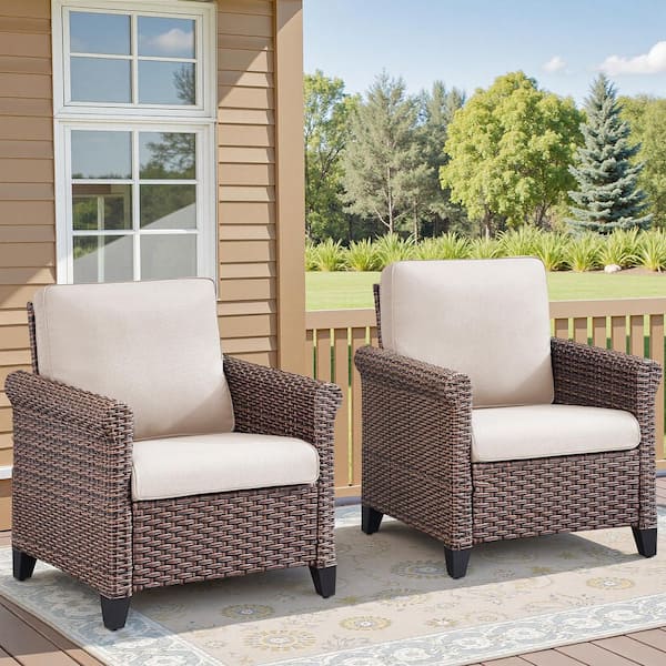 Nyajiah Brown Wicker Outdoor Lounge Chair with Beige Cushions (2-Pack)