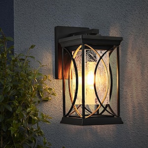 14 in. 1-Light Black Outdoor Weather Resistant Aluminum Wall Light Lantern Sconce with Crackled Glass, No Bulb Included