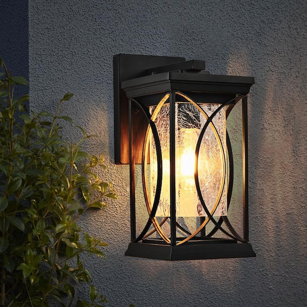 14 in. 1-Light Black Outdoor Weather Resistant Aluminum Wall Light Lantern Sconce with Crackled Glass, No Bulb Included